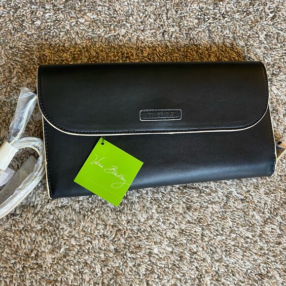 Vera Bradley faux leather black flap clutch